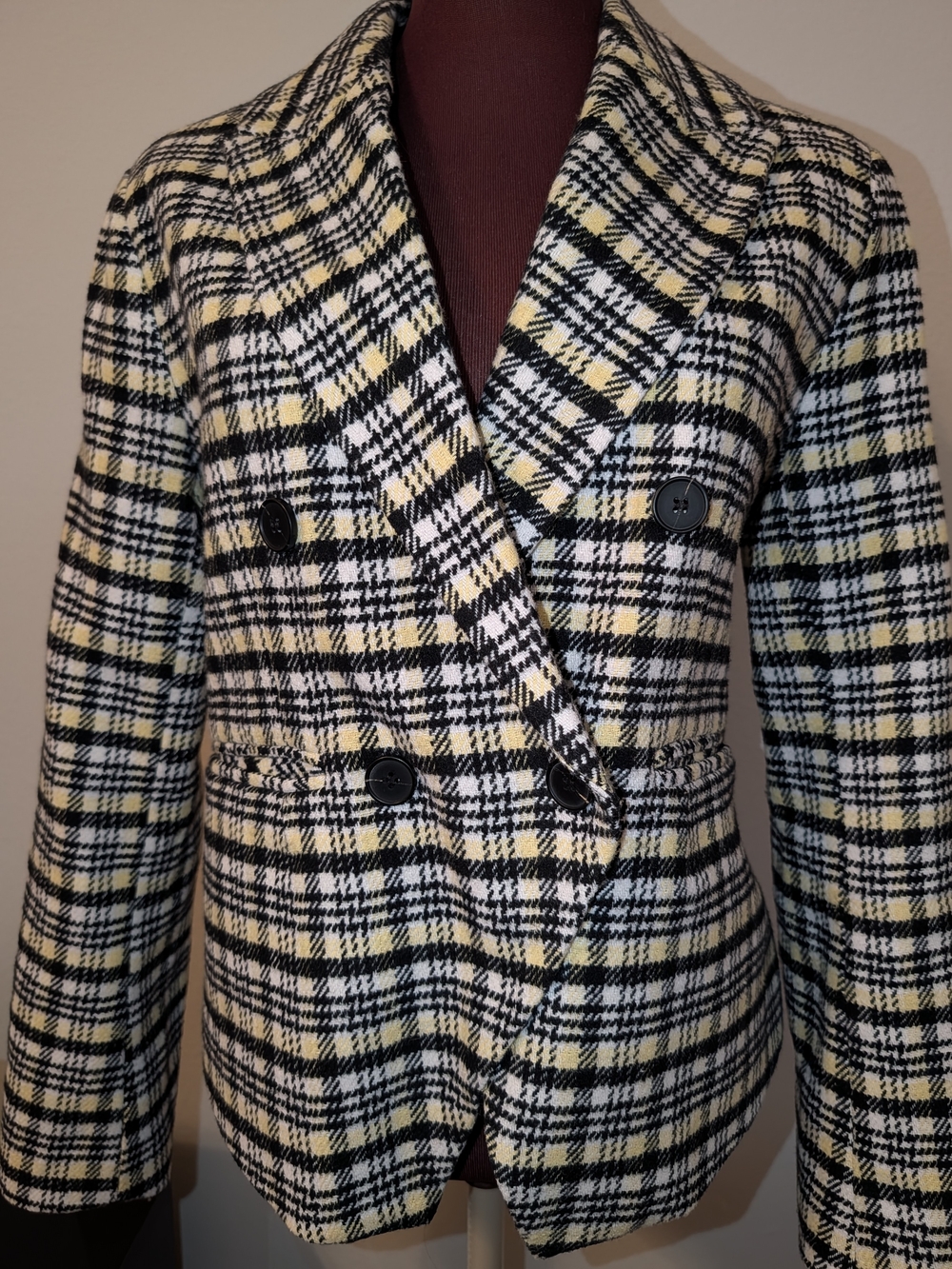 Womens Double-Breasted Plaid Blazer Neon Yellow And Black - Avec Les Filles